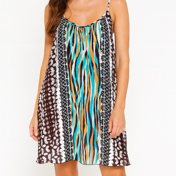 Express dress lightweight boxy fit vibrant multi patterned spaghetti straps SZ L - Picture 1 of 12